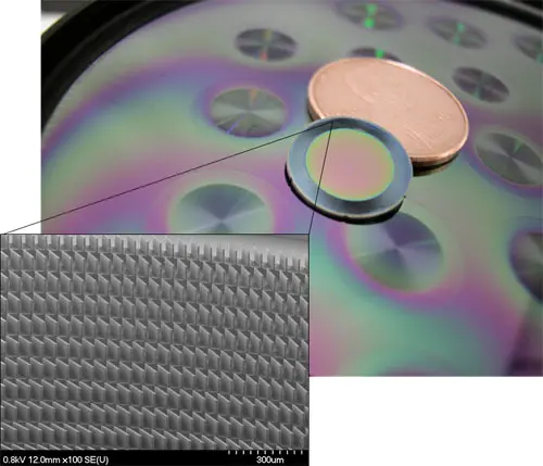 microscale-pumps-HI Honeywell International’s microfabricated, turbomolecular pump features angled rotor blades that push gas outwards as they spin, creating a vacuum in the center.