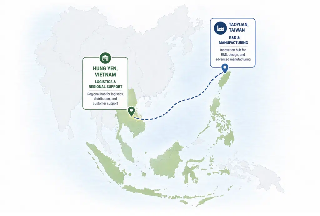 Map showing R&D, manufacturing, logistics, and regional support locations in Taiwan and Vietnam
