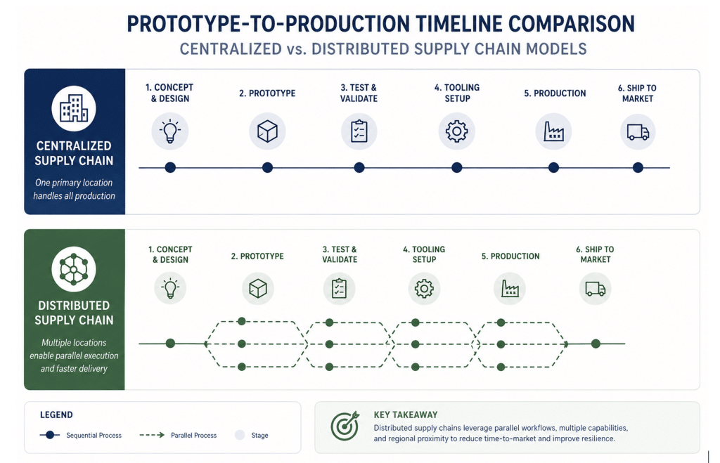 Prototype to production timeline comparison, showing centralized vs. distributed supply chain
