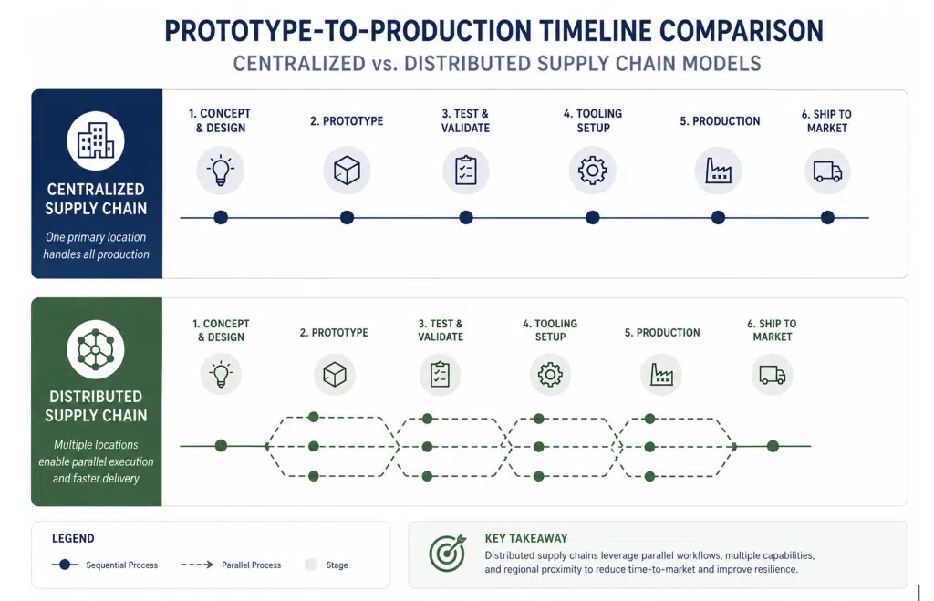 Prototype to production timeline comparison, showing centralized vs. distributed supply chain