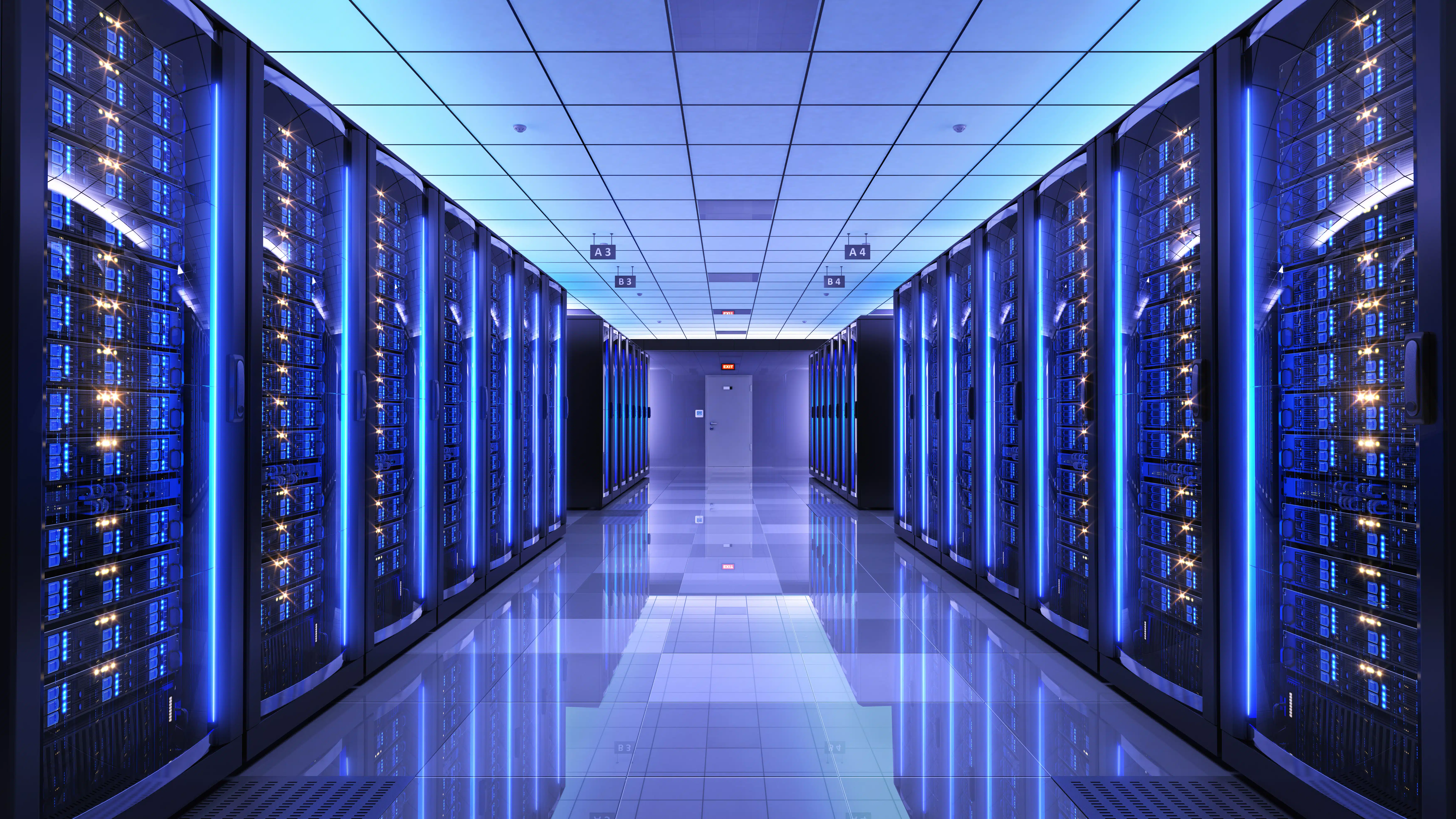 Modern data center server room using liquid cooling